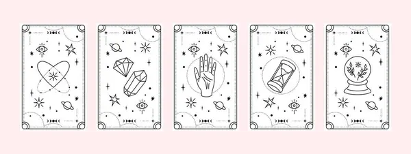 Set Mazzo Tarocchi Collezione Elementi Esoterici Bianco Icone Magiche Simboli — Vettoriale Stock