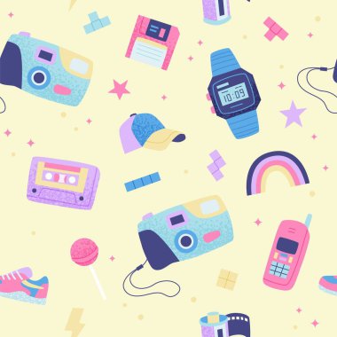 90 'ların geçmişe dönük pürüzsüz kalıpları. Çok renkli elementler. Düz moda vektör illüstrasyonuName