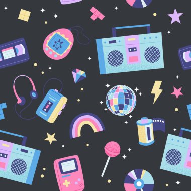 90 'ların geçmişe dönük pürüzsüz kalıpları. Çok renkli elementler. Düz moda vektör illüstrasyonuName