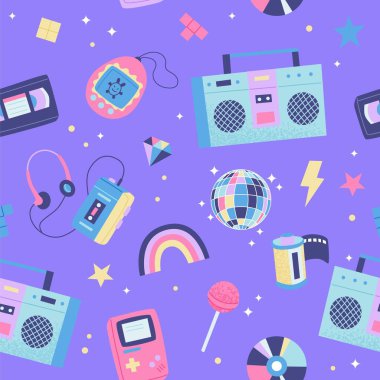 90 'ların geçmişe dönük pürüzsüz kalıpları. Çok renkli elementler. Düz moda vektör illüstrasyonuName