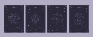Tarot kartları ayarlandı. Ruhsal sembollerle gizemli mistik deste. Vektör tasarımı boho biçimi