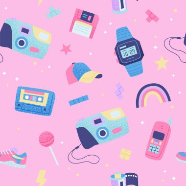 90 'ların geçmişe dönük pürüzsüz kalıpları. Çok renkli elementler. Düz moda vektör illüstrasyonuName