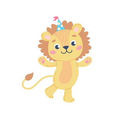 Parti şapkası takan çocuklar için sevimli bir aslan. Doğum günü tebrikleri, Vektör illüstrasyonu
