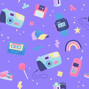 90 'ların geçmişe dönük pürüzsüz kalıpları. Çok renkli elementler. Düz moda vektör illüstrasyonuName