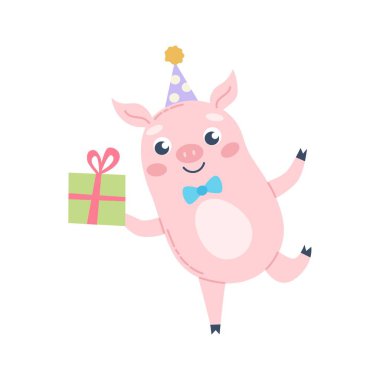 Parti şapkası takan sevimli bir domuz. Doğum günü tebrikleri, Vektör illüstrasyonu