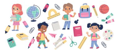 Çocuk okulu unsurları. Gözbebekleri ve okul malzemeleri. Vektör illüstrasyonu, düz biçim