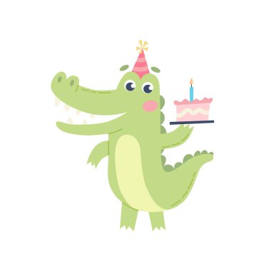 Çocuklar için sevimli timsah. Doğum günü tebrikleri, pasta ve parti şapkası, Vektör illüstrasyonu