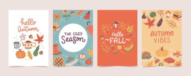 Sonbahar kapakları ya da kartlar hazır. El çizimi kaligrafi ve tatlı mevsimsel elementler. Vektör illüstrasyon şablonları