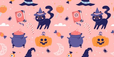 Tatlı siyah kediler ve balkabaklarıyla cadılar bayramı kusursuz deseni. Düz biçimli vektör illüstrasyonu