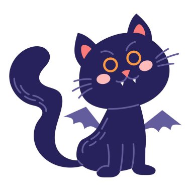 Kanatlı kara kedi. Şirin Cadılar Bayramı karakteri, düz stil Vektör çizimi