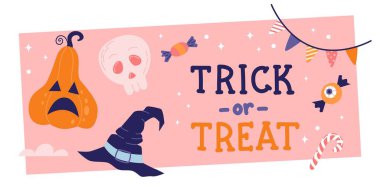 Şaka mı şeker mi kapağı mı yoksa kart tasarımı mı? Şirin balkabağı, cadı şapkası ve el yazısı. Vektör resimleme şablonu