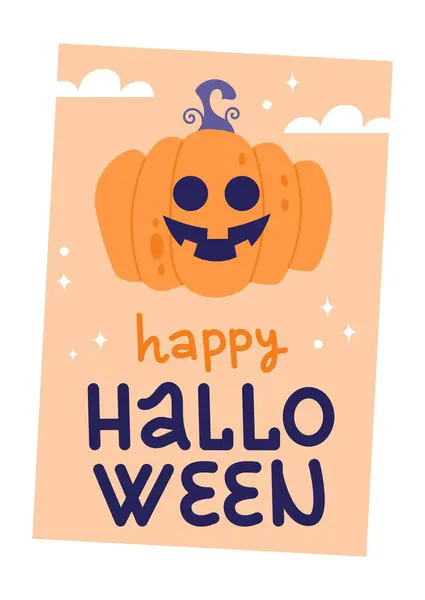 Happy Halloween cover or card design. Hand drawn calligraphy and cute spooky pumpkin. Vector template — Illustration Happy Halloween Cover Card Design Hand Drawn Calligraphy Cute Spooky — Stock Vector