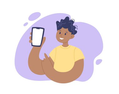 Akıllı telefon gösteren bir adam. Genç pozitif karakter. İş ve teknoloji kavramı