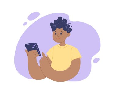 Akıllı telefon kullanan bir adam. Genç pozitif karakter. İş, teknoloji veya hizmet kavramı
