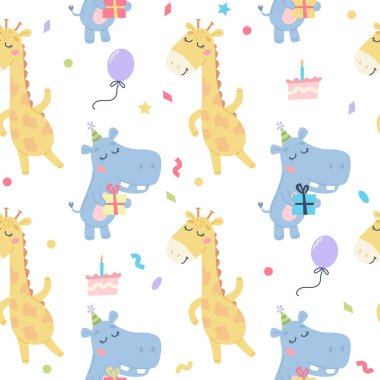 Çocukların doğum günü kalıpları. Şirin suaygırı ve parti şapkalı zürafa, Vektör illüstrasyon şablonu