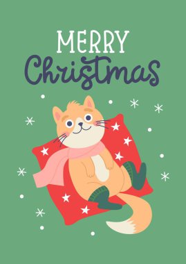 Yastığında Noel Baba şapkası olan sevimli bir kedi. Noel kartı, Vektör kart tasarımı şablonu