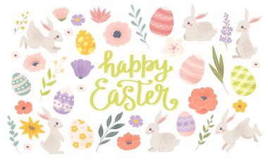 Mutlu Paskalya öğeleri koleksiyonu, şirin tavşanlar, yumurtalar ve çiçekler. Pastel renklerde vektör illüstrasyonu.