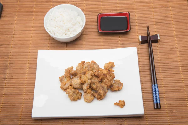 Sesame Chicken Dish Chopsticks Bamboo Placemat — Stock Photo, Image