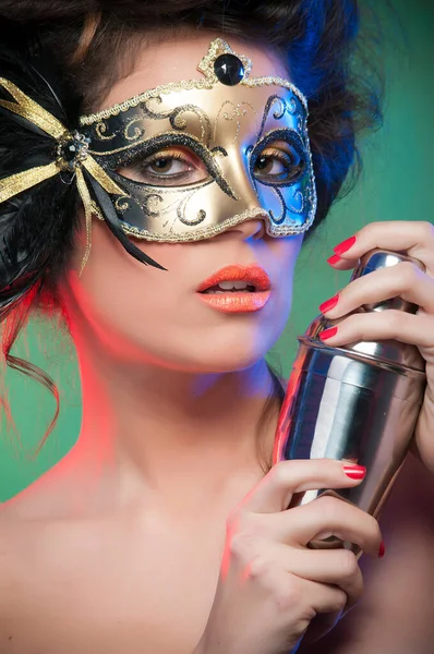 Femme Avec Masque Carnaval Coloré — Photo