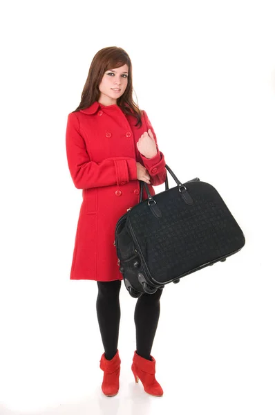 Atractiva Mujer Abrigo Rojo Con Bolsa Maleta Sobre Fondo Blanco —  Fotos de Stock