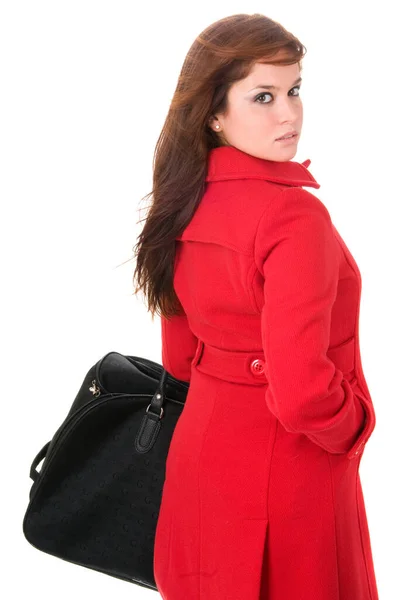 Ελκυστική Γυναίκα Κόκκινο Παλτό Τσάντα Βαλίτσα Λευκό Φόντο — Φωτογραφία Αρχείου