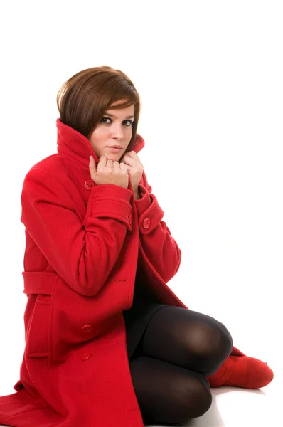 Attraktive Frau Rotem Mantel Auf Weißem Hintergrund — Stockfoto