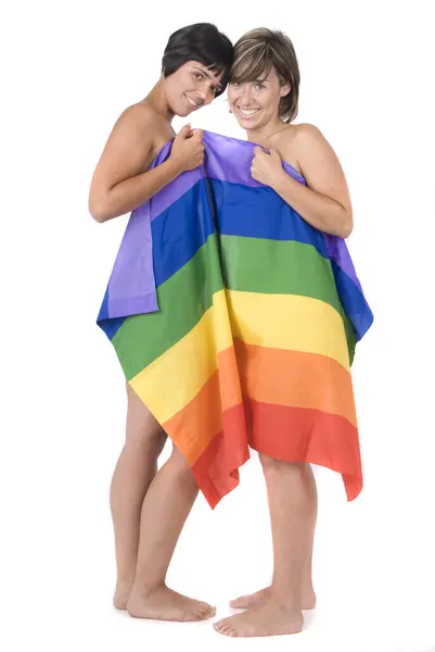 Par Kvinnor Förälskade Lesbisk Regnbåge Flagga Stockbild