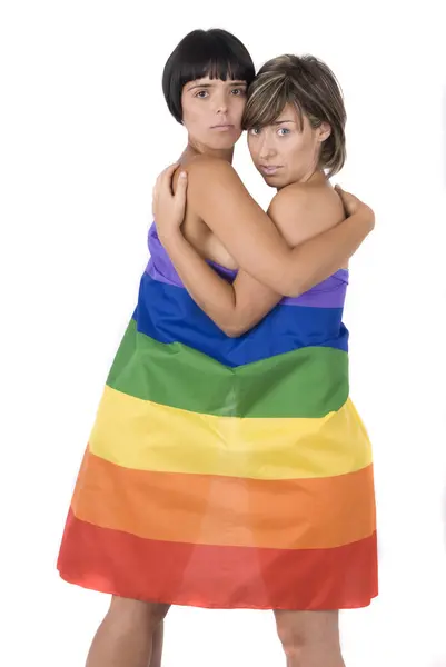 Par Kvinnor Förälskade Lesbisk Regnbåge Flagga Royaltyfria Stockfoton