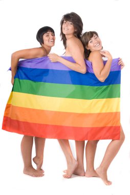 Lezbiyen gökkuşağı bayrağına aşık bir grup kadın