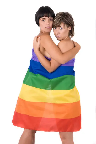 Couple Women Love Lesbian Rainbow Flag — Stock Photo, Image