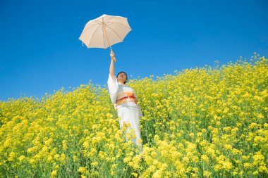 Kimono giyen Japon kadın, güzel sarı çiçeklerde ya da Japonya 'da açan Nanohana' da bahar mevsiminin tadını çıkarıyor..