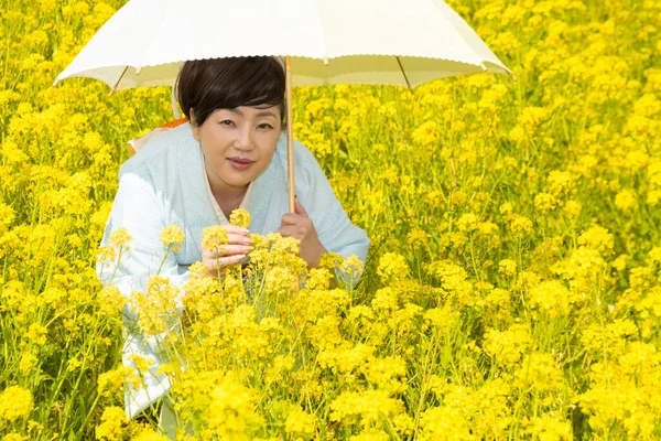 Kimono giyen Japon kadın, güzel sarı çiçeklerde ya da Japonya 'da açan Nanohana' da bahar mevsiminin tadını çıkarıyor..