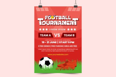 Futbol turnuvası, spor müsabakası posteri ya da broşür tasarımı. Saha ve top tasarımı havalı görünerek hisset