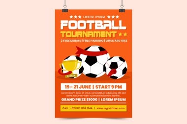 Futbol turnuvası, spor müsabakası posteri ya da broşür tasarımı. Saha ve top tasarımı havalı görünerek hisset