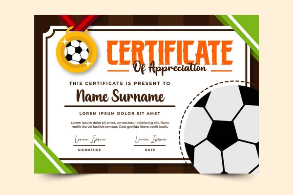 Tournoi Football Modèle Certificat Événement Sportif Champ Balle Sentir Conception — Image vectorielle