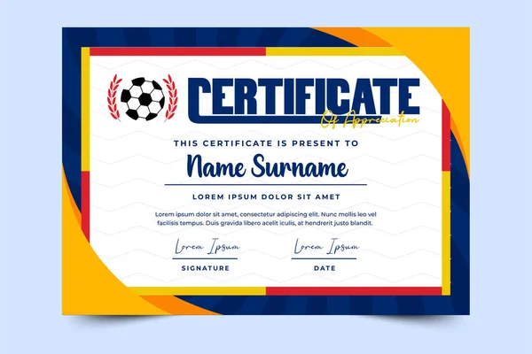 Football Tournament Sport Event Certificate Design Template Field Ball Feel — Stock Vector