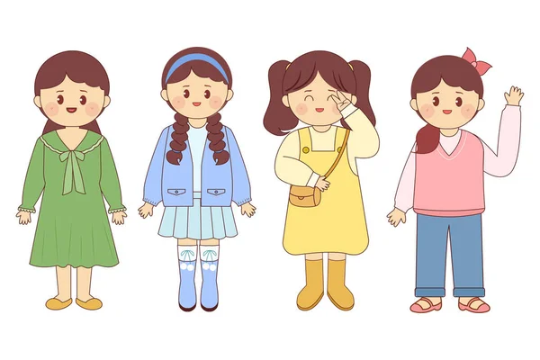 Mode Vectorielle Style Coréen Dessin Animé Mignon Illustration Jeu Caractères — Image vectorielle