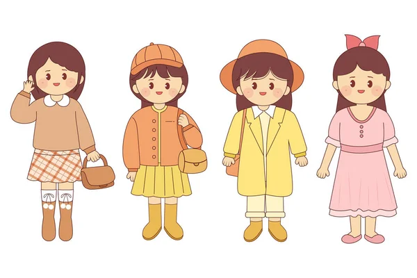 Vettoriale Moda Carino Cartone Animato Stile Coreano Personaggio Set Illustrazione — Vettoriale Stock