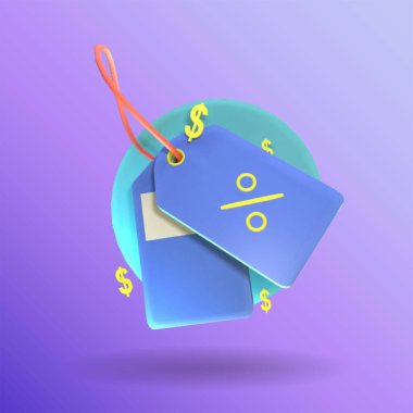 Mor arkaplanda izole edilmiş 3D etiket simgesi. Tasarımınız için basit ve zarif nesneler.