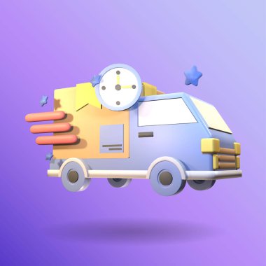 Mor arka planda izole edilmiş 3 boyutlu kamyon ikonu. Tasarımınız için basit ve zarif nesneler.