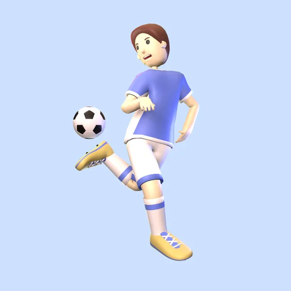 3D男サッカー選手は青の背景に隔離されたイラストをレンダリングしました あなたのデザインのためのシンプルでエレガントなジャグリングサッカー選手のオブジェクト — ストック写真