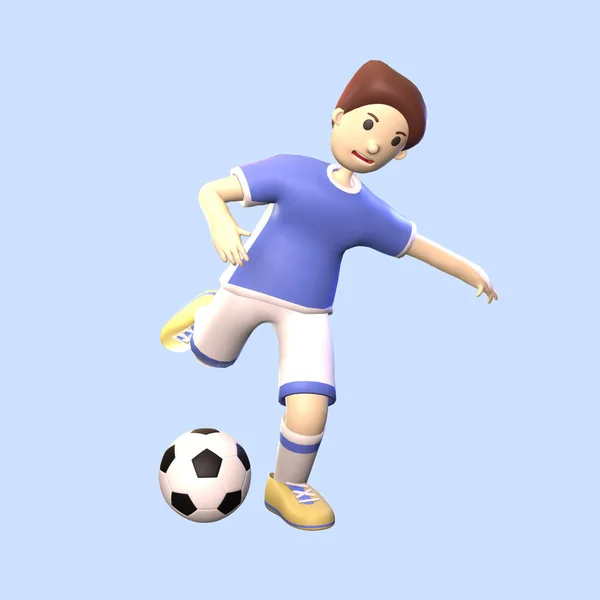 3D男サッカー選手は青の背景に隔離されたイラストをレンダリングしました シンプルでエレガントなキックサッカー選手オブジェクトあなたのデザインのための — ストック写真