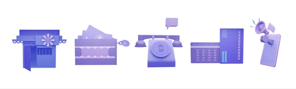 3Dアイコン販売コレクションは 白い背景に孤立レンダリングされました デザインのストア マネーウォレット コールセンター デビットカード 携帯電話のオブジェクト — ストック写真