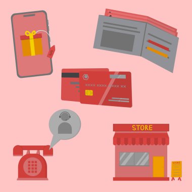 Renkli arkaplanda 5 satış simgesi çizimi izole edildi. Cep telefonu, cüzdan, banka kartı, çağrı merkezi ve tasarımınız için nesneleri depolama.