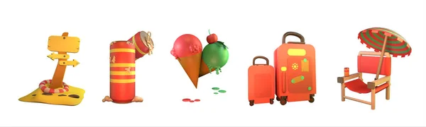 3D图标夏季系列渲染隔离在白色背景上 罐装饮品 旅行袋及沙滩椅子物件供您设计 — 图库照片