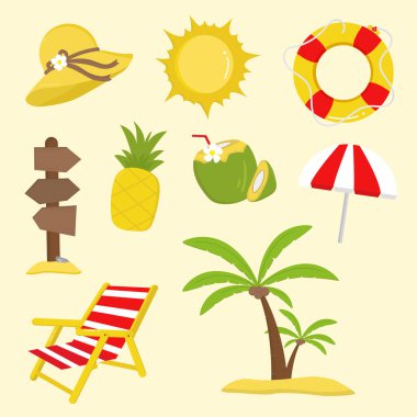 Renkli arkaplanda 9 yaz ikonu çizimi izole edildi. Plaj şapkası, güneş, can simidi, tabela, ananas, hindistan cevizi, plaj şemsiyesi, plaj sandalyesi, ve hindistan cevizi ağacı nesneleri tasarımınız için..