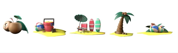 3Dアイコンの夏のコレクションは 白い背景に孤立レンダリングされました あなたのデザインのためのココナッツ 砂のバケツ サーフィンボード ヤシの木 ビーチボールオブジェクト — ストック写真