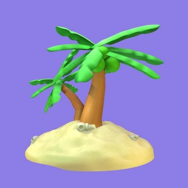 Mor arkaplanda izole edilmiş 3 boyutlu hindistan cevizi ağacı ikonu. Tasarımınız için basit ve zarif nesneler.