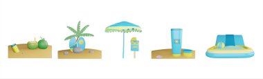 Beyaz arkaplanda izole edilmiş 3D ikon yaz koleksiyonu. Hindistan cevizi, sörf tahtası, plaj şemsiyesi, güneş kremi ve tasarımınız için şişme havuz objesi..