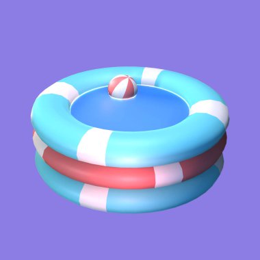 Mor arka planda izole edilmiş 3 boyutlu şişirilebilir havuz ikonu. Tasarımınız için basit ve zarif nesneler.